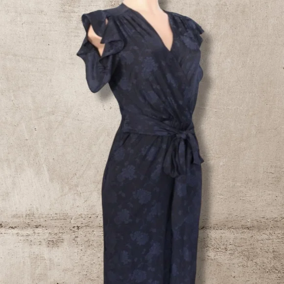 Midnight Navy Floral Jacquard V-neck Wrap Jumpsuit XS - Picture 4 of 8